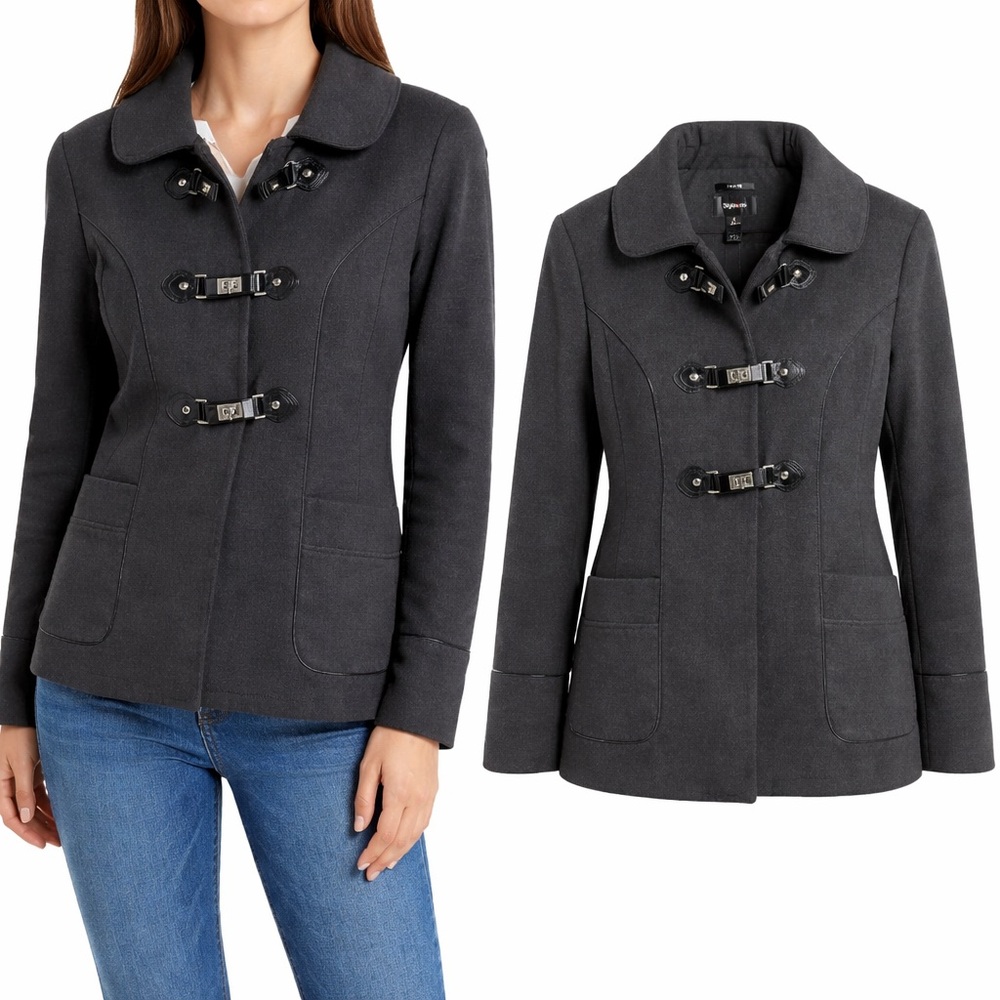 Style & Co Womens Charcoal Grey Toggle‎ Jacket Faux Leather Trim Small